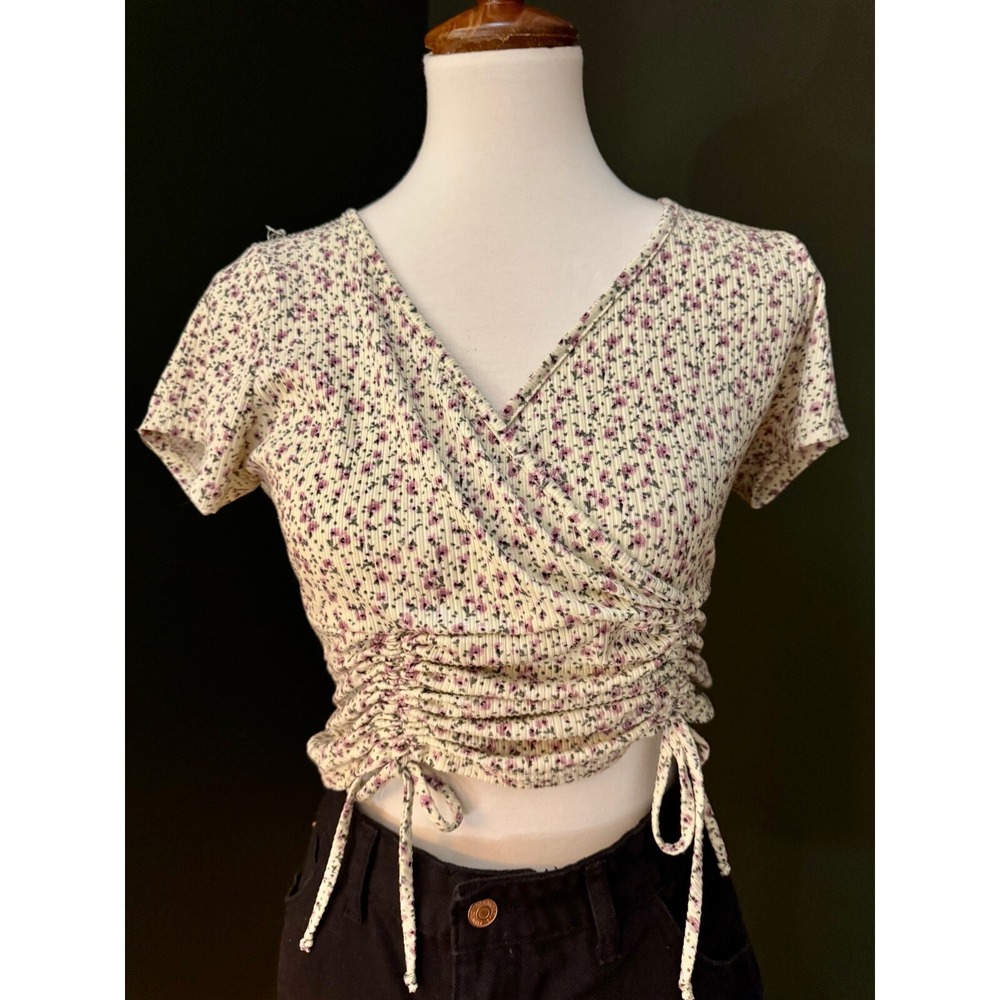 Rebellious Dreamer Floral Ruched Drawstring V Neck Crop‎ Tee Women's XL